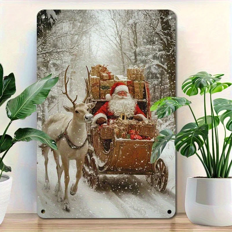 2D Flat, 1-Piece Vintage Santa Claus and Reindeer Christmas Metal Tin Sign - 20.32X 30.48cm Vintage Wall Decoration, Pre-Drilled Holes