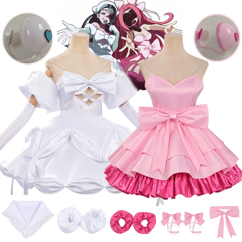 Alien Stage Sua Mizi Cosplay Outfit Pink White Gothic Lolita Dress Full Set Headwear Mask Headset Halloween Party Costume