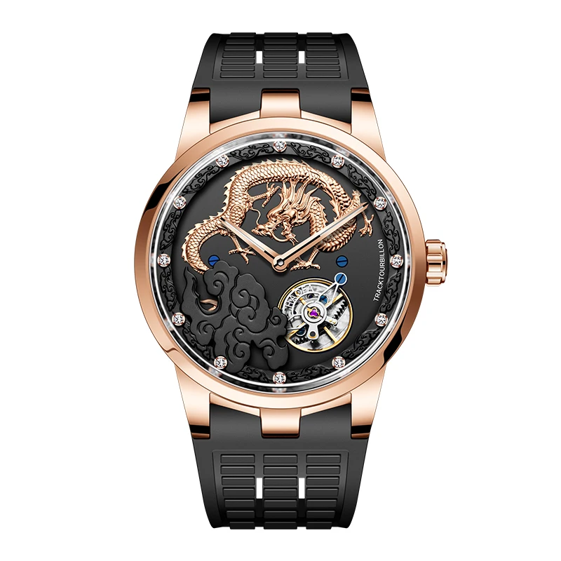 Haofa Karrousel Skeleton Movement Manual Winding Men's Watch Golden Dragon Dial Rotating Mechanical Watch Flying Tourbillon 1950