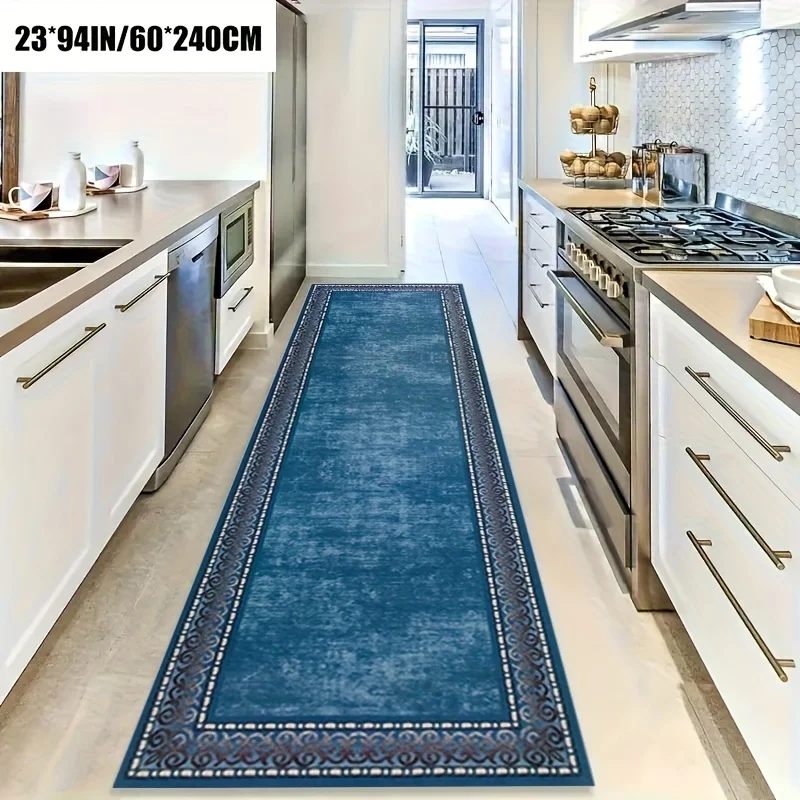 Vintage Blue Medallion Runner Rug, Ornate Border Geometric Pattern Non-Slip Absorbent Floor Mat for Living Room Entryway