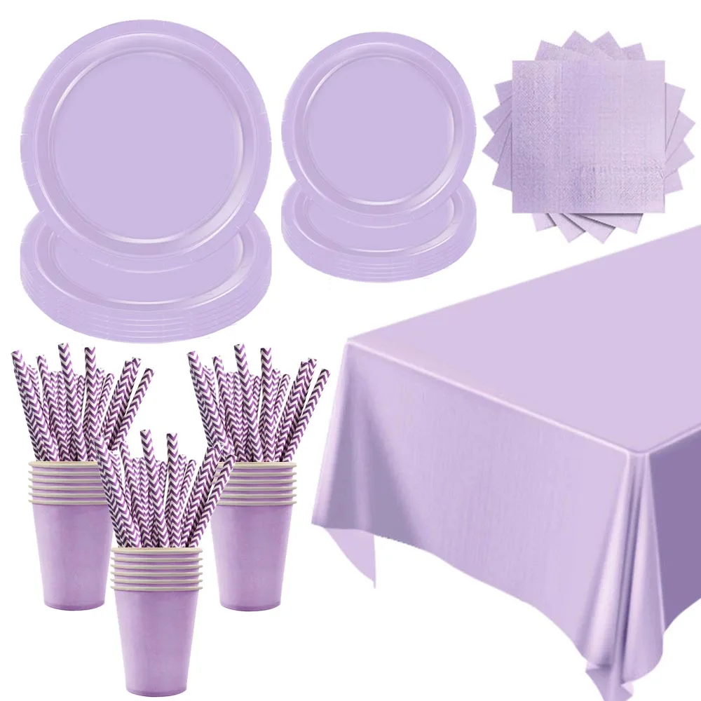 Lila Einweg-Tischgeschirr Pappteller Becher Servietten Tischdecke Einfarbig Party Kindergeburtstag Baby-Shower Deko-Zubehör