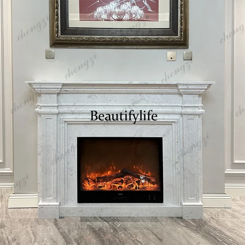 A52 Marble fireplace stone carving European jazz white simple American fireplace decorative ornament French stone fireplace