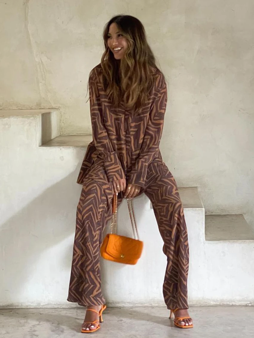 Marthaqiqi Printing Ladies Nightgowns Set Long Sleeve Nightwear Sexy Turn-Down Collar Pajamas Pants Casual Female Sleepwear Suit