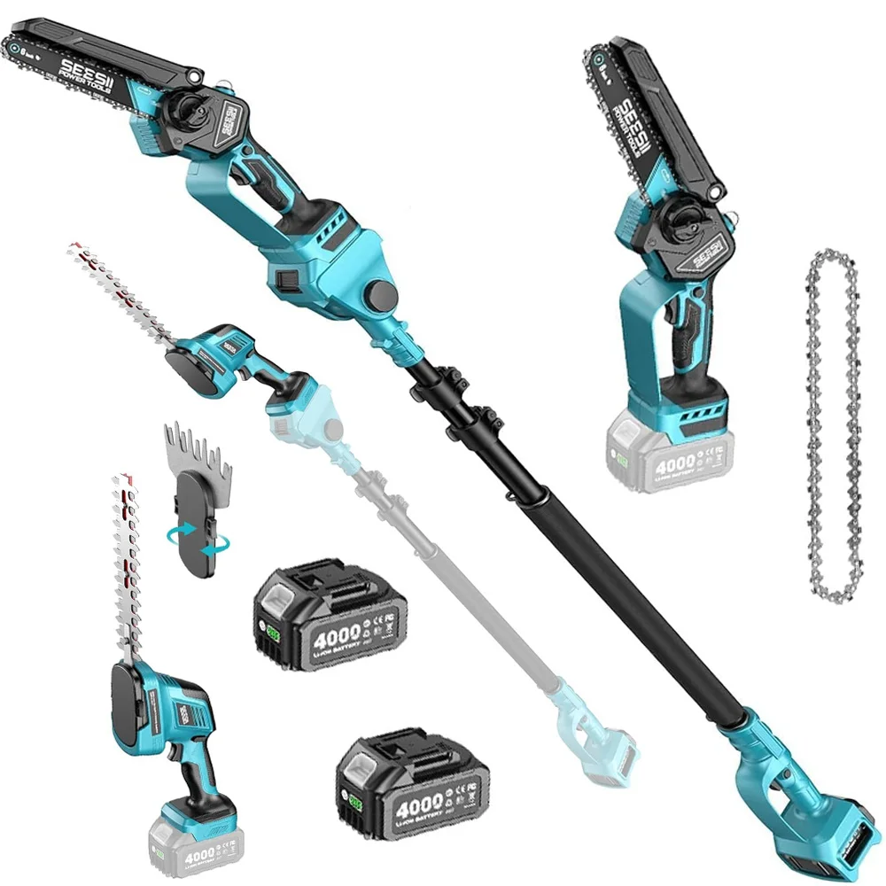 Scie électrique à haute portée Seesii 6-en-1 avec perche télescopique de 2,4 m, taille-haie électrique, outils de jardinage pour l'élagage et le désherbage des arbustes