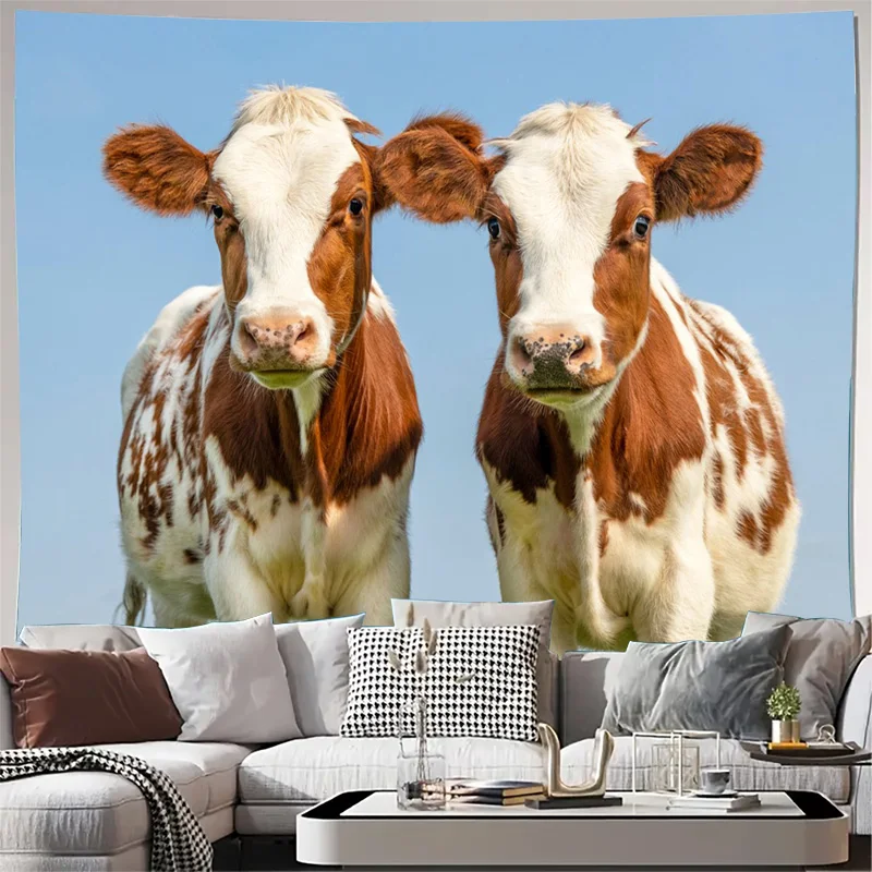 Adorable Cow Duo Tapestry Wall Hanging Farmhouse Rustic Decor Art Print Cute Cattle Couple Poster for Living Room Bedroom Home D