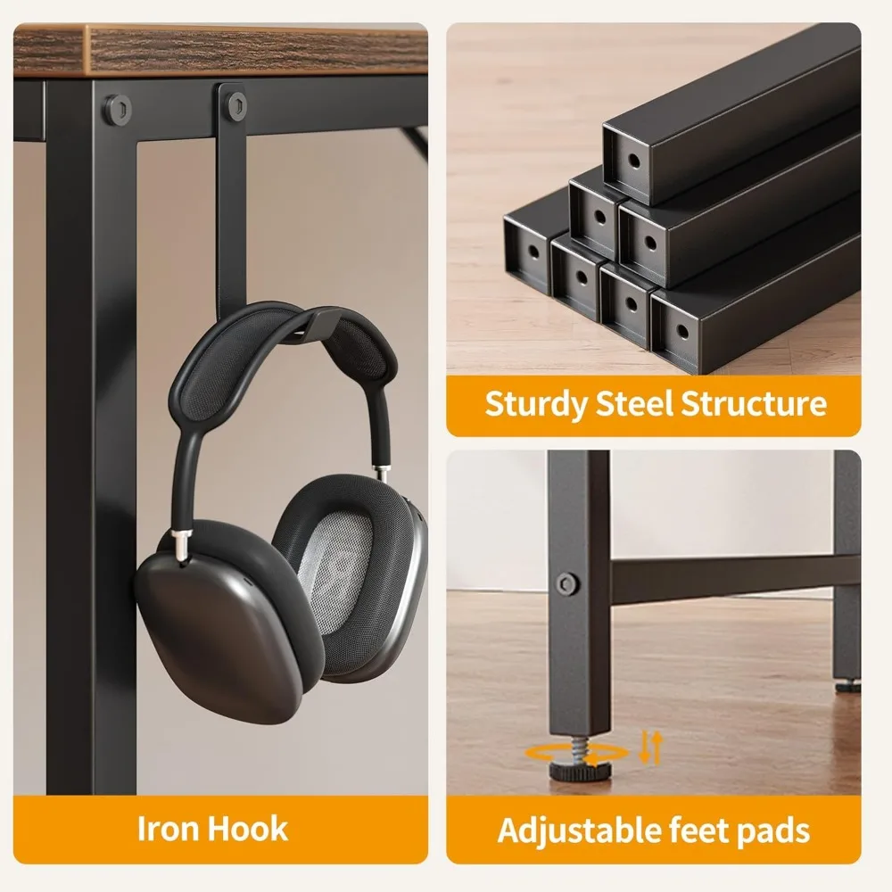 47 Inch Modern Home Office Desk with Drawers, Vintage Brown Study Writing Table, Sturdy PC Desk