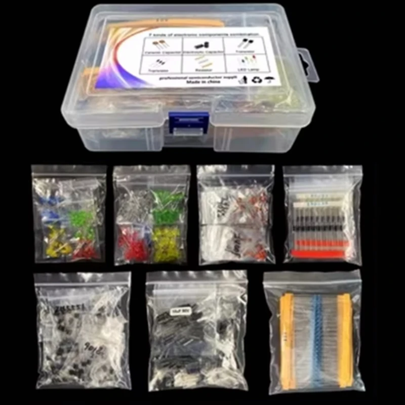 7 tipos de componentes DIY, Kit grande, diodos y triodos LED de 3/5MM, condensadores de cerámica electrolítica, resistencias de película metálica