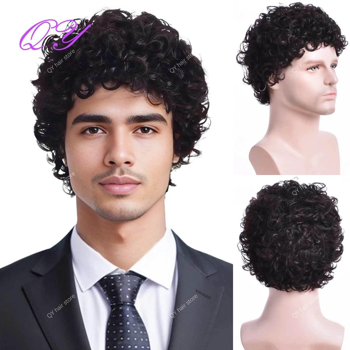 Perruques Synthétiques Courtes Bouclées Noires pour Homme, Fibre Haute Température, 03/Wear, Coiffure à la Mode