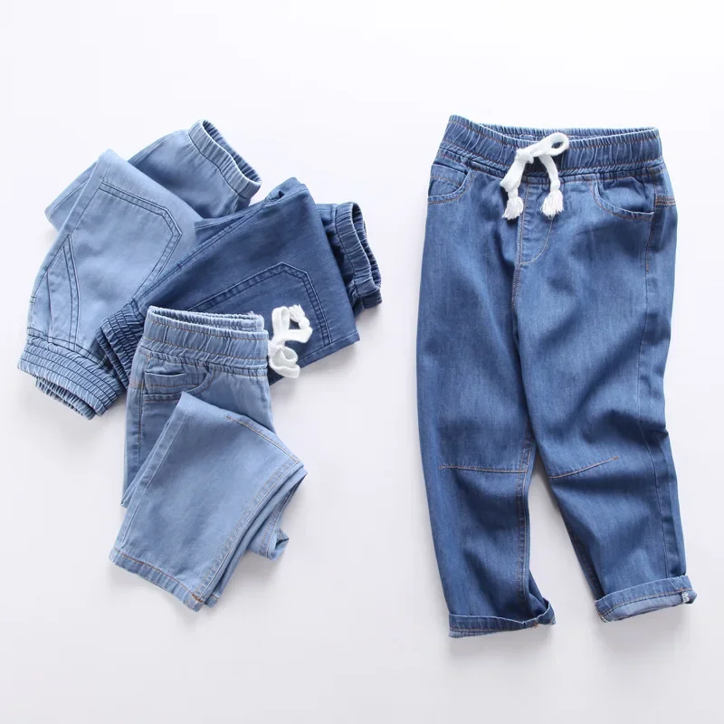 100% Cotton Comfortable Children\'s Jeans 2024 Spring New Boys And Girls Thin Elastic Waist Casual Loose Jeans Baby Pants