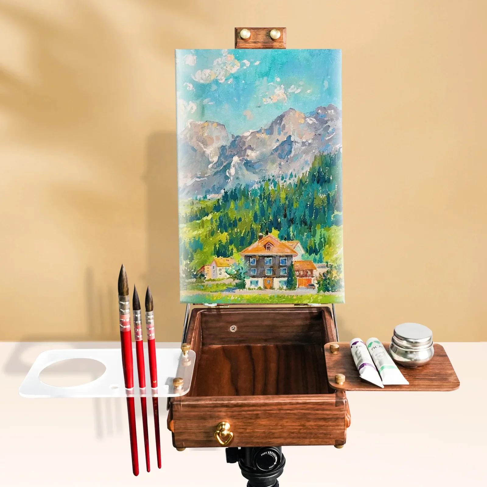 Black walnut watercolor box art sketching mini picture box portable retractable gimbal removable bracket