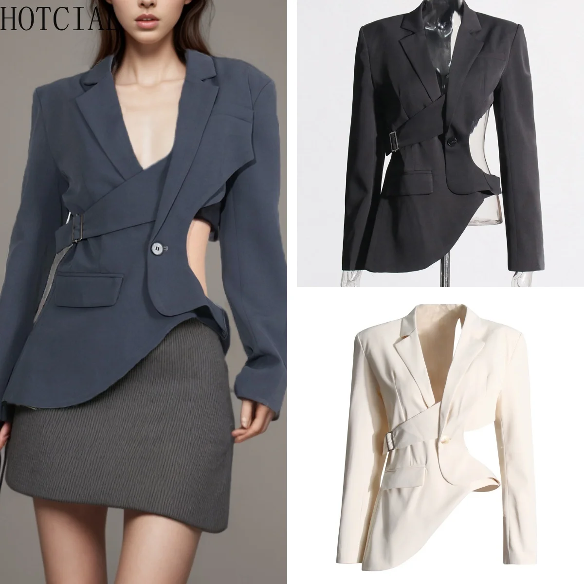 HOTCIAL Women's Cut-Out Blazer Asymmetrical Long Sleeve Patchwork Jacket Waist Cinching Solid Party Club Wear Street Outerwear