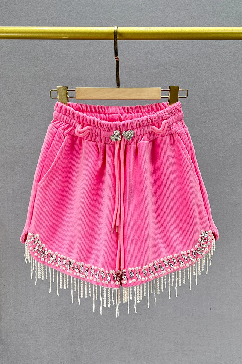 Tassel Exquisite Rhinestone Sweet Pink Corduroy for Women 2023 New Winter High Waist Slimming Boot Pants Wide Leg Shorts