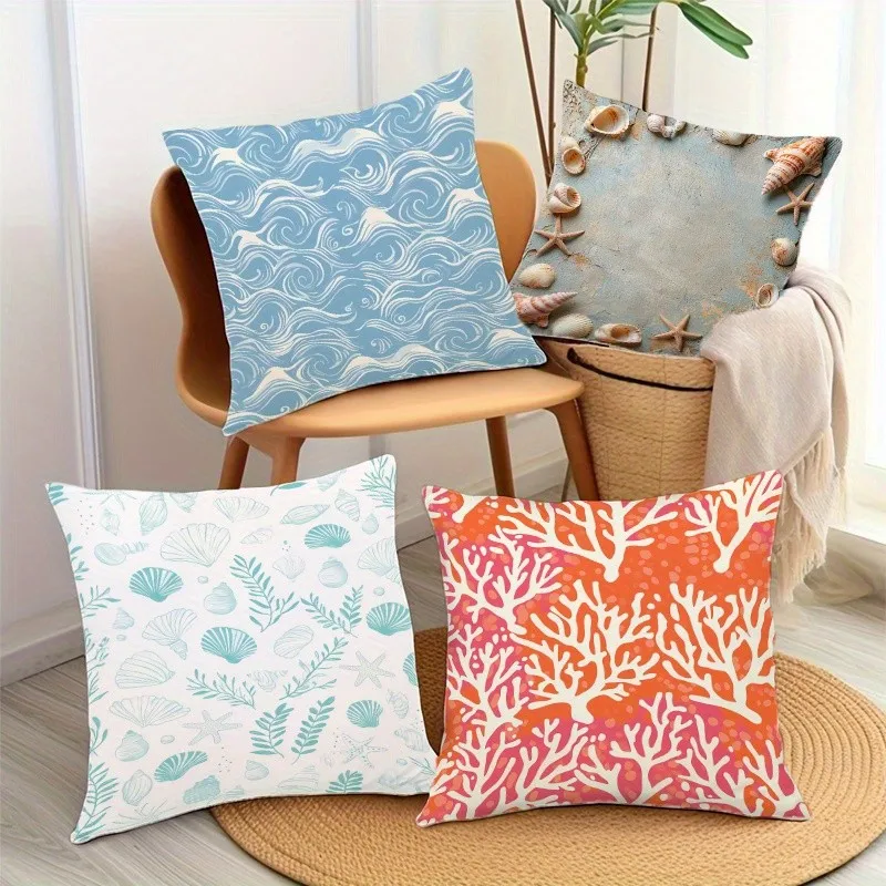 Seaside Patterns: Waves, Shells & Coral Pillowcases Pattern Cushion Cover Suitable For Sofa Bedroom Car Pillow Cover