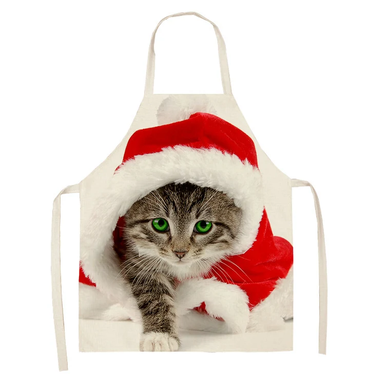 Christmas Cute Santa Hat Cat Dog Pattern Linen Stain Resistant Sleeveless Apron Baking Accessories Kitchen Cooking