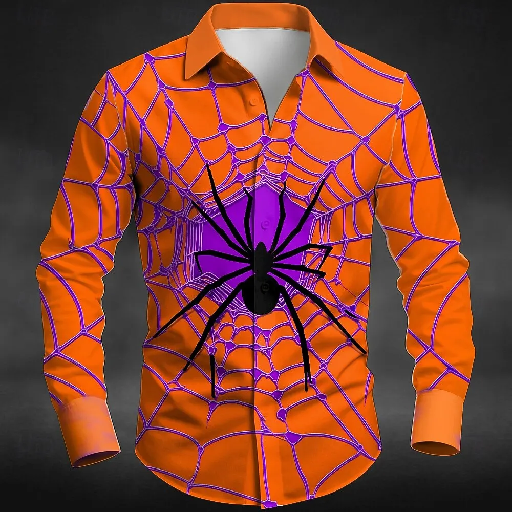 

2025 Halloween Theme Men's Spider Web Halloween Costumes Shirt Button Up Shirt Long Sleeve Shirt Dark Gothic Style