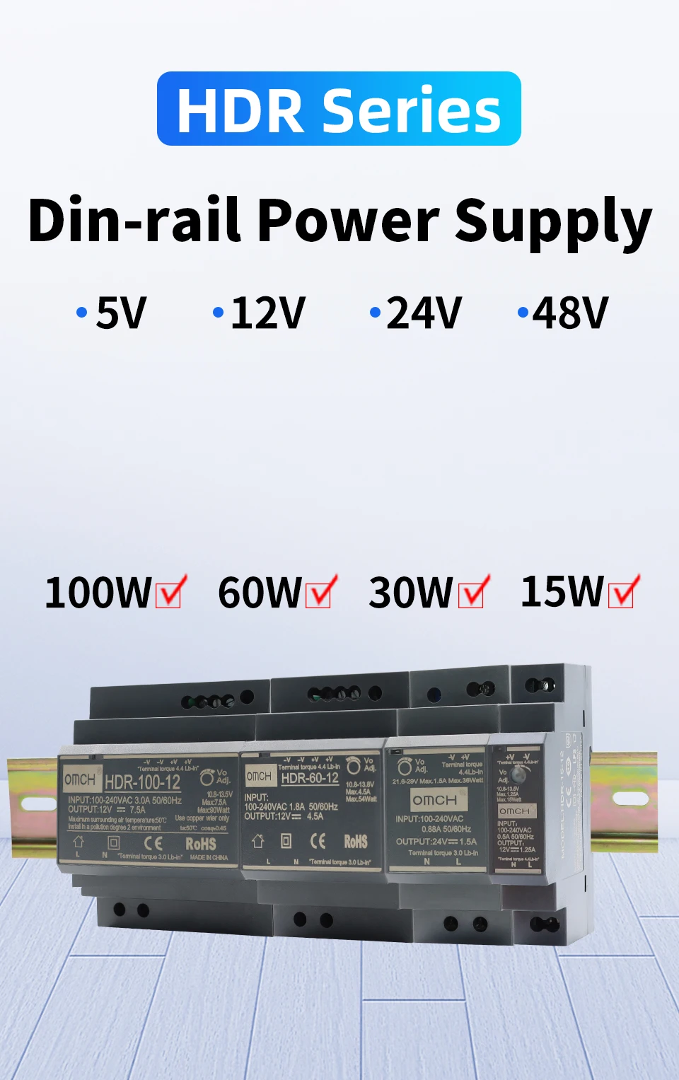 OMCH HDR-Serie DIN-Schienen-Schaltnetzteil HDR-15 100–240 VAC 15 W 30 W 60 W 100 W AC-zu-DC-Spannung 5 V 12 V 24 V 48 V 0–7,1 A SMPS – Detail 5