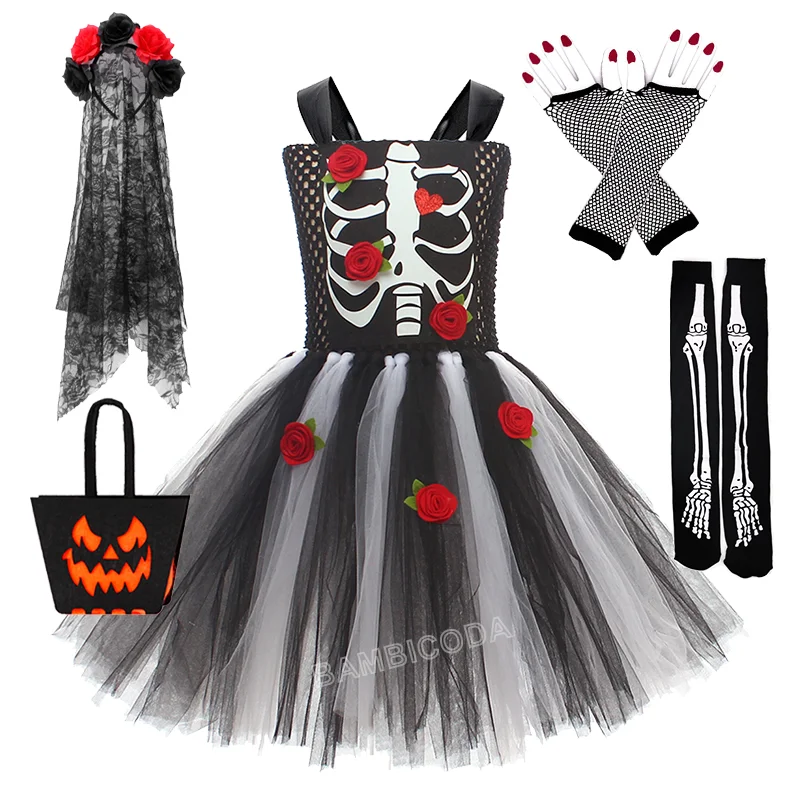 2025 الفتيات مخيف الهيكل العظمي ارتفع الرعب مخيف الدموي غيبوبة العروس زي للفتيات توين المراهقين هالوين فستان بتصميم حالم