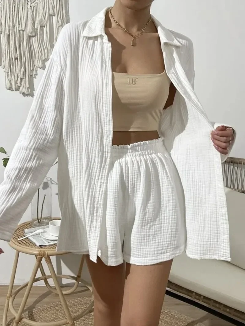 Muslin Pajamas For Women Sets Sleepwear 100% Cotton Gauze Top Suits with Shorts 2024 Homewear Clothes Cardigan Suit Summer Mujer