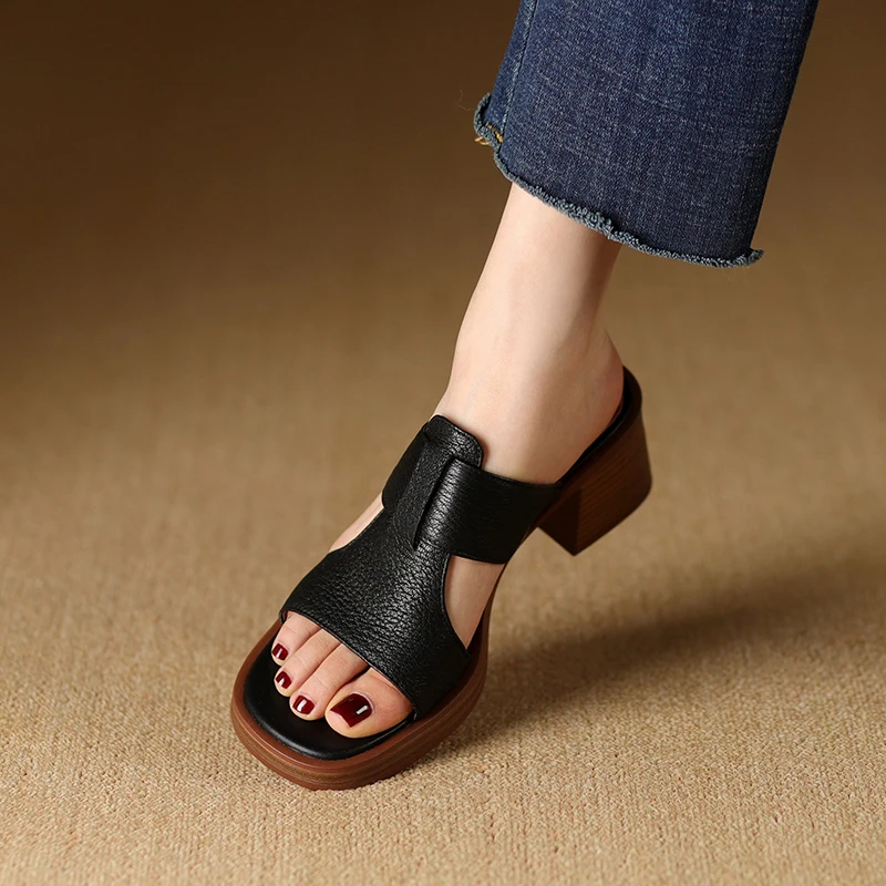 2024 Nowe sandały damskie Moda Peep Toe Genuine Leather High Heels Slippers Spring Summer Party Office Lady Shoes Woman Sandals