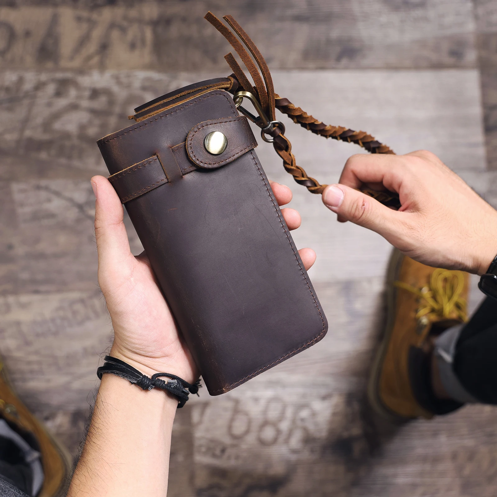 S.WORKER Vintage Crazy Horse Leder Geldbörse Handgefertigte Herren Echtleder Lange Geldbörse Taschenbrieftasche Clutch Bargeld- und Kartenhalter – Detail 3
