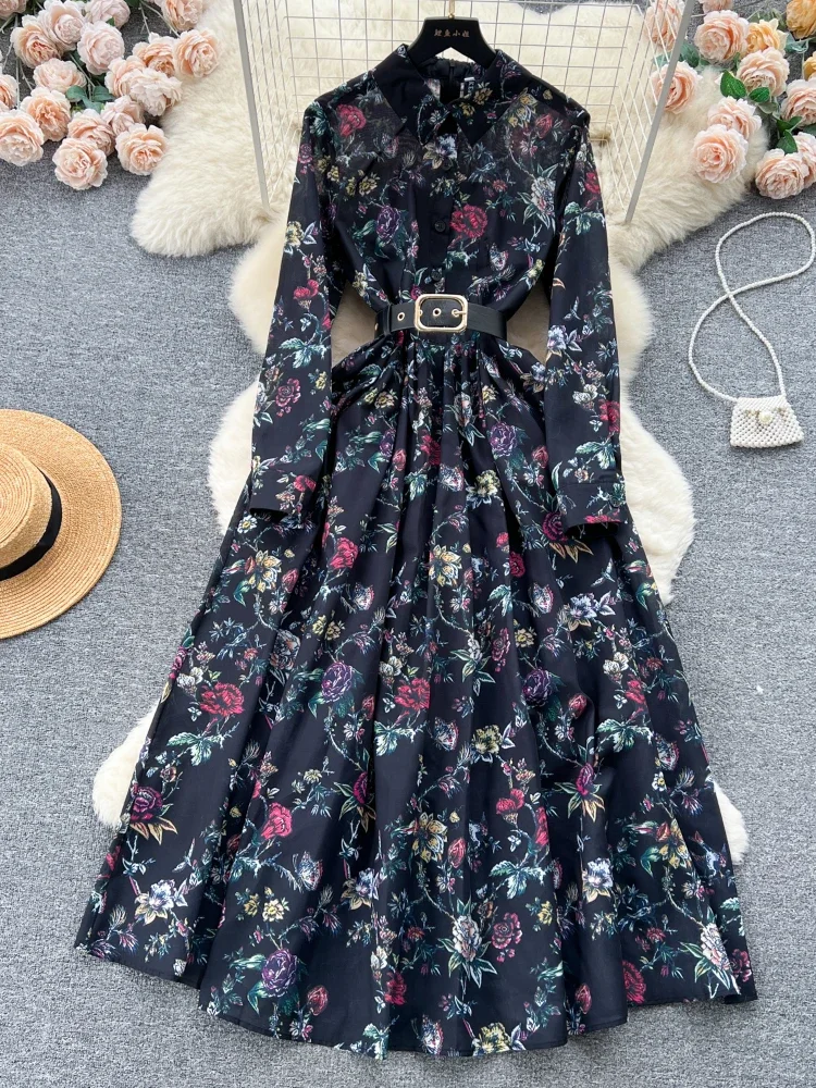 French Vintage Printed Dress Women Autumn Long Sleeve Lapel Elegant Party Dresses with Belt Ladies Slim A-line Floral Long Robe