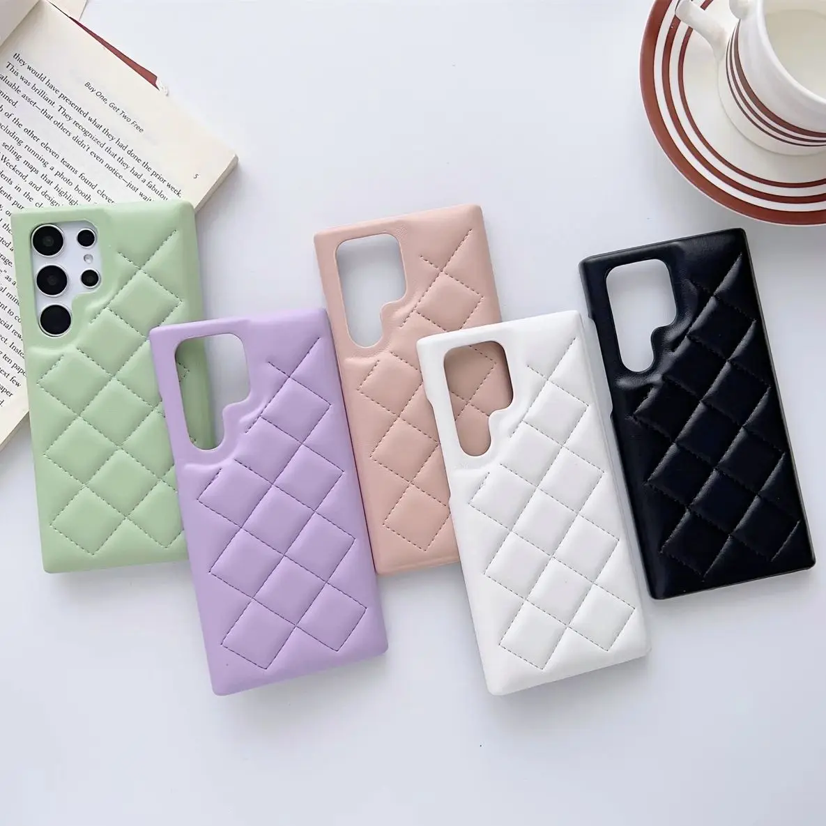 

Luxury Checkered Lozenge Lambskin PU Leather Pink Purple White Phone Cases for Samsung Galaxy s23 s24 s25 Plus Ultra Hard Cover
