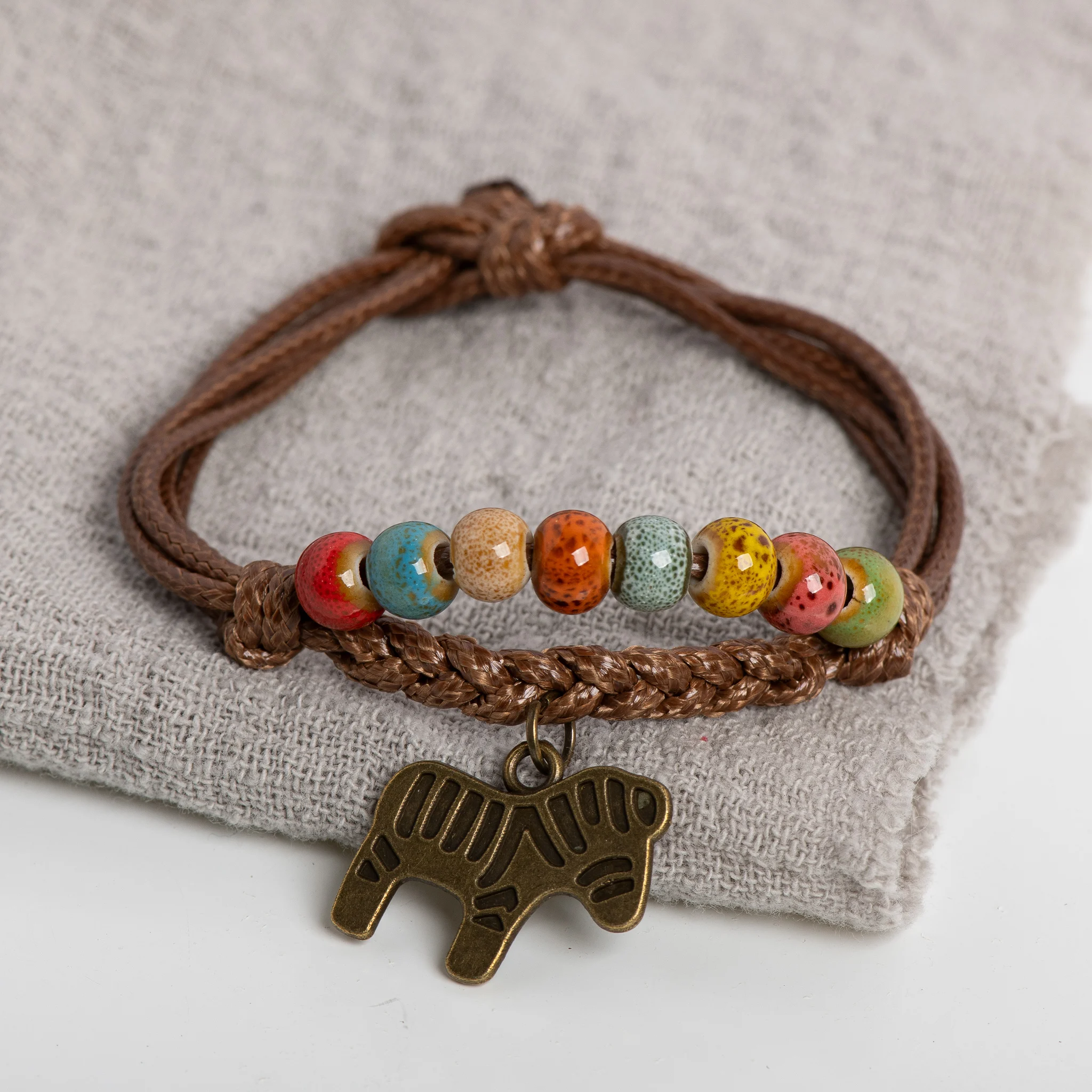 Colorful Ceramic Beaded Bracelet with Horse Charm Handmade Braided Wax Cord Vintage Jewelry