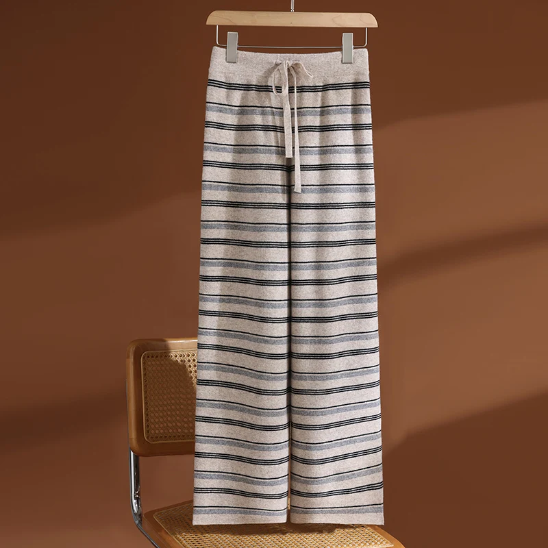 35% Cashmere & 65% Wool Women's Thickened Elastic-Waist Three-Color Striped Wide-Leg Pants, Stylish & Warm
