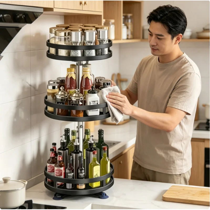 

Carbon Steel 360° Rotating Spice Rack Non Slip Storage Tray Household Kitchen Seasoning Bottle Jar Organizer