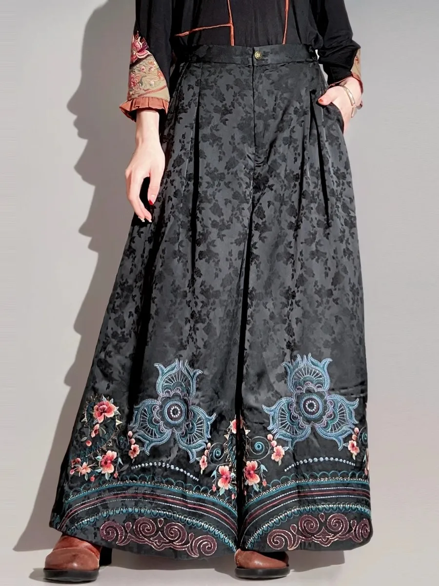 Vintage Wide leg pants National style embroidery black skirt pants loose casual trousers luxury woman's clothing high quality