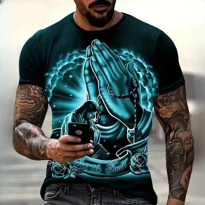 Christianity Pray T-Shirts Fashion 3D Jesus Print Tshirt For Men Clothing Casual O-neck Oversized Short Sleeve Male Tops Vintage