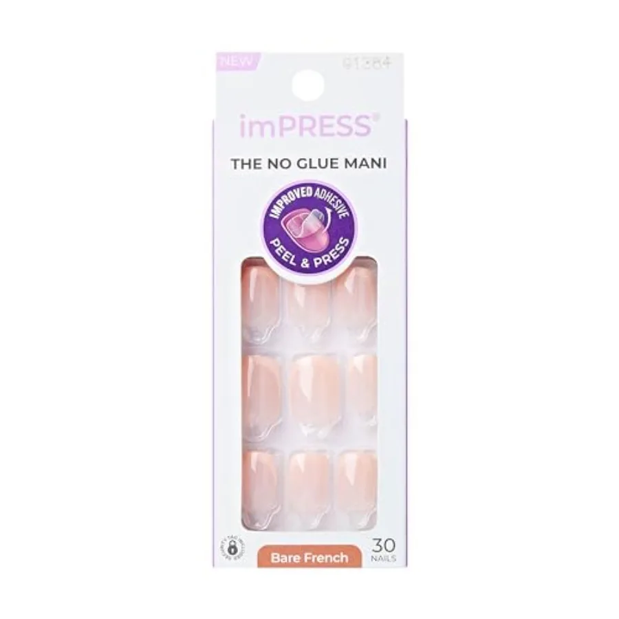 

Kiss Impress No Glue Mani Press On Nails, Heroic, Bare French Manicure Kit, 30 Light Neutral + White, Squoval Short Nails with