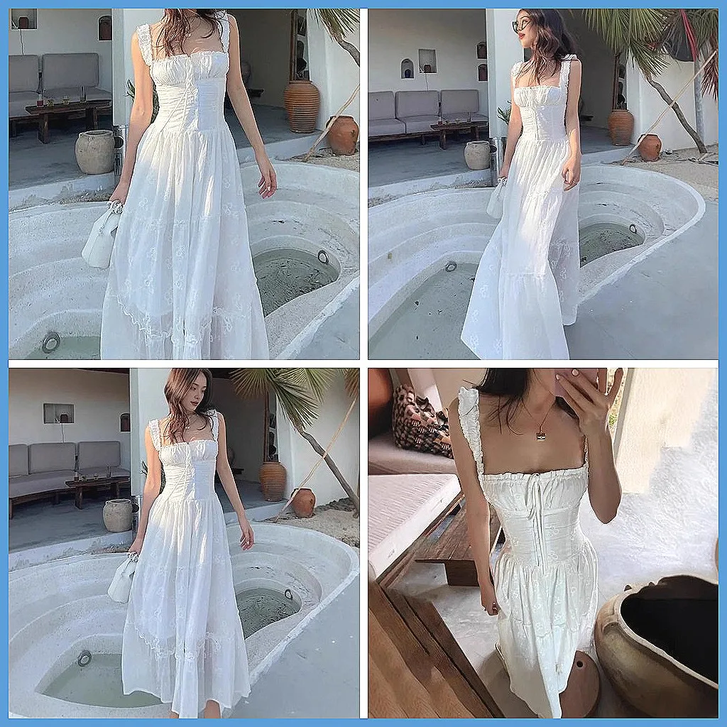 

White Square Neck Maxi Dress Summer Elegant, Lace Up Sleeveless Beach Party Dress for Women