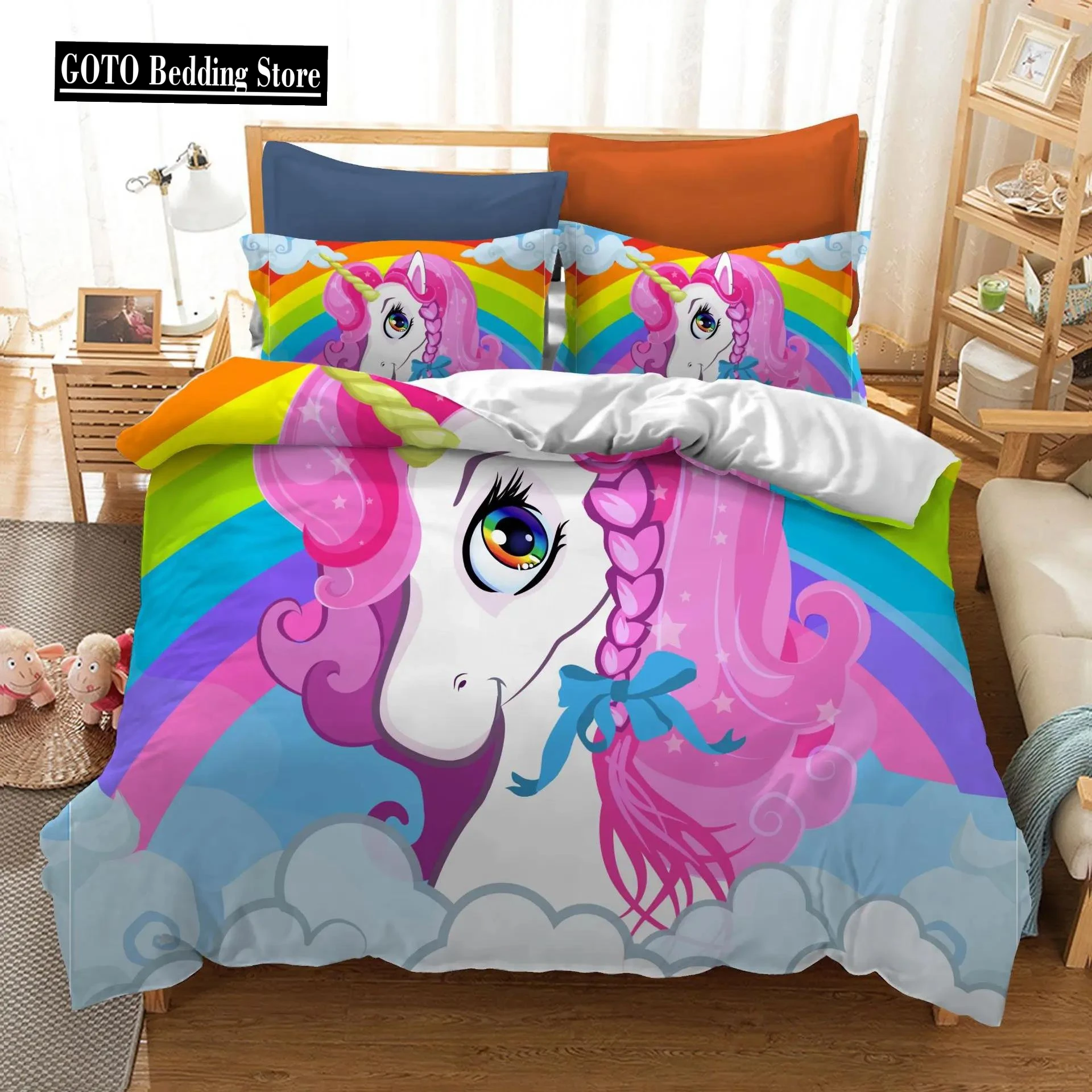 

Quilt Sets Cover Print Cartoon Cute Bedding Double Single Rainbow Unicorn Duvet Cover Set Pillowcases Lovely Bedding For Kid