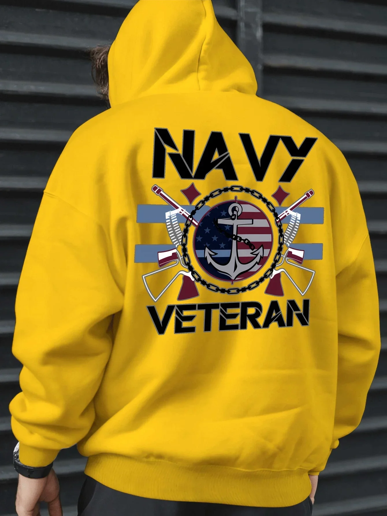Men Navy Veteran Back Print Hoodie Anchor US Flag Graphic Pullover Unisex Loose Fleece Lined Autumn Winter