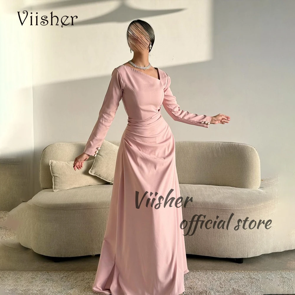 

Viisher Pink Mermaid Evening Dresses Long Sleeve V Neck Prom Party Dress Pleats Satin Arabian Dubai Formal Occasion Gowns