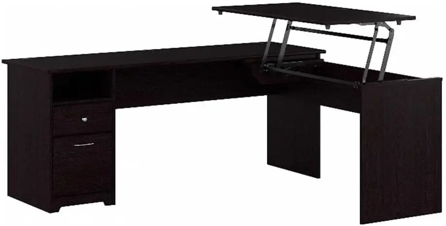 Shaped Desk with Drawers and Lift-n-Lock | Cabot Collection Sit to Stand Corner Table with Storage, 72W, Espres