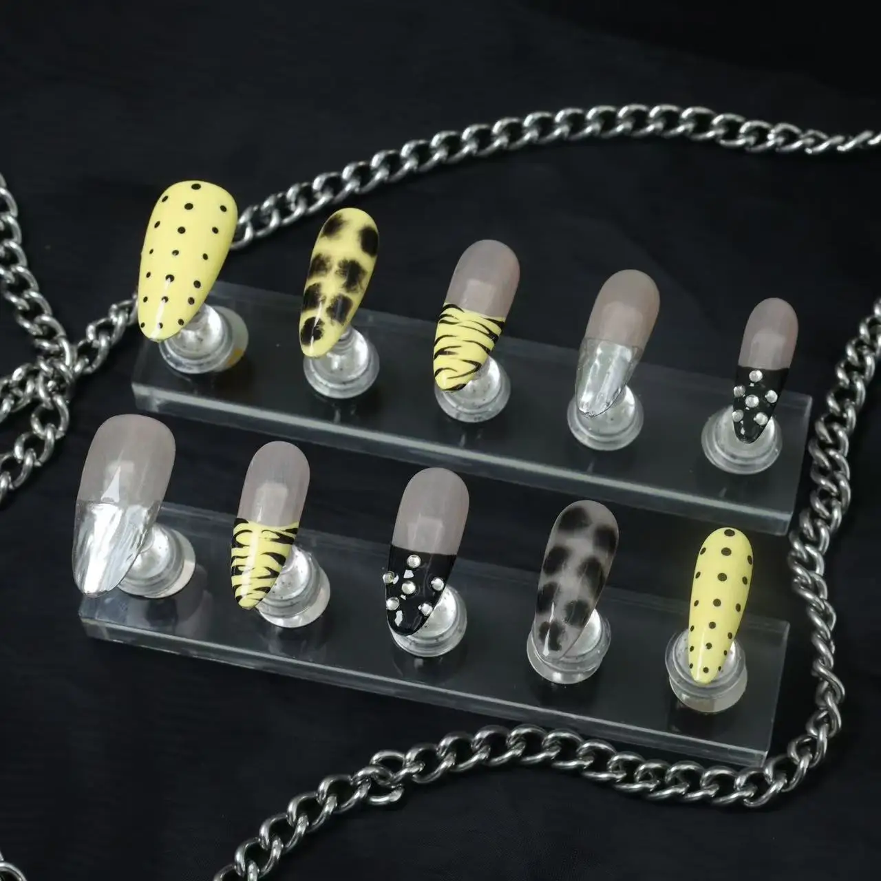 10pcs high-end leopard print polka dot contrasting color designhandmade French Tip Nail