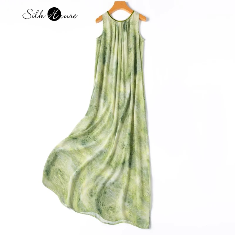 2024 Women's Fashion New Extended 100% Natural Mulberry Silk Crepe De Chine Holiday Style Loose Fitting Tank Top Dress