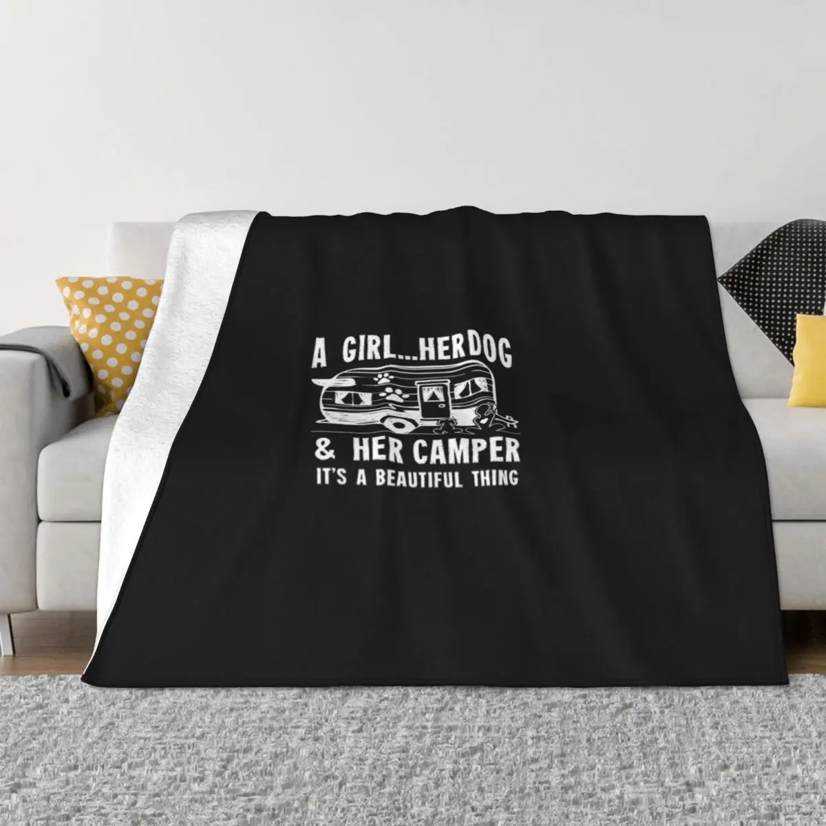 Camping T Shirt Camping Girl A Girl Her Dog And Her Camper Camper Campfire Gifts Tee Throw Blanket Luxury St Loose Blankets