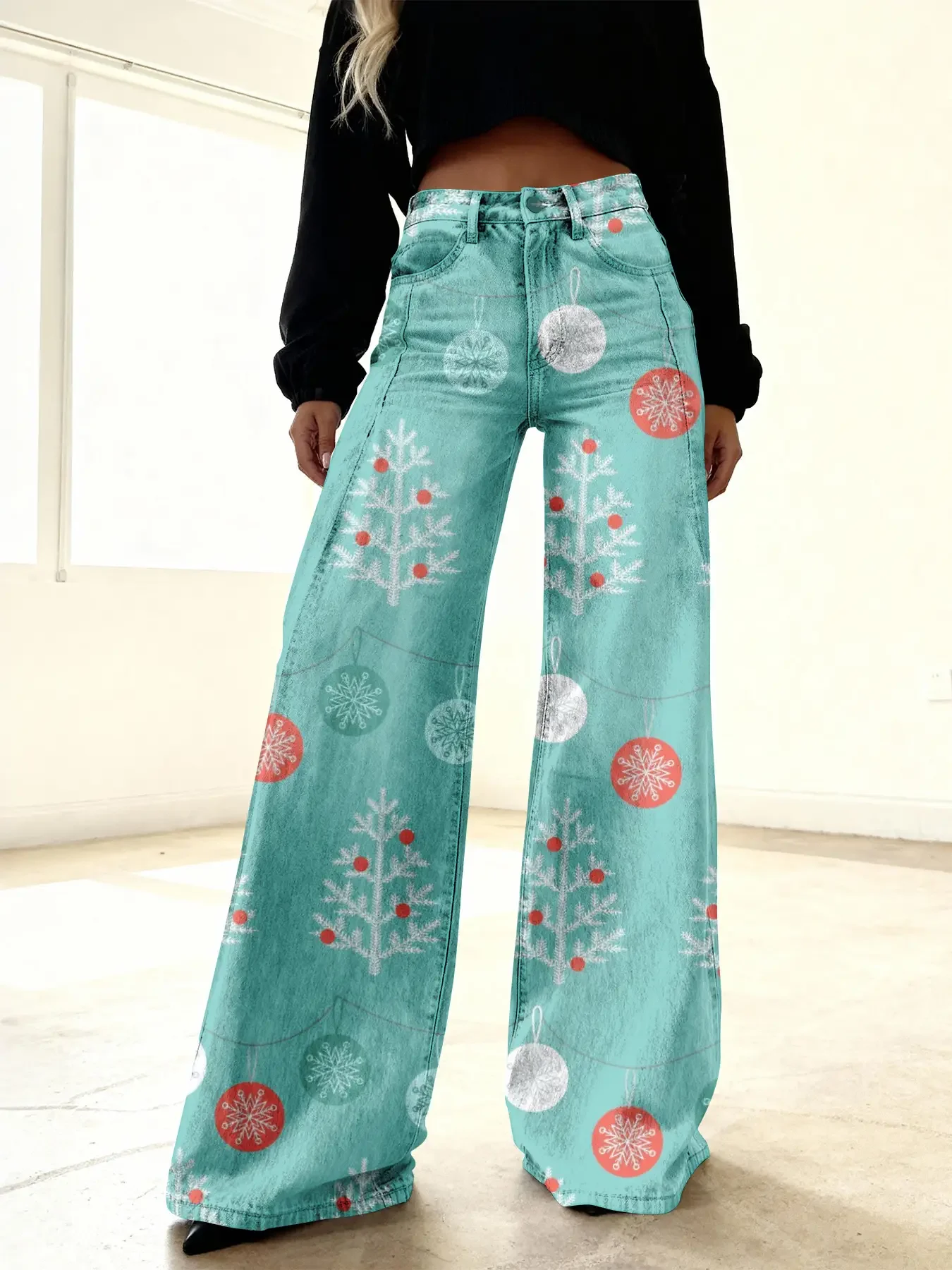 

Christmas women's imitation denim printed high waisted flared pants, sweet and cute, Ladies' style color block fashion