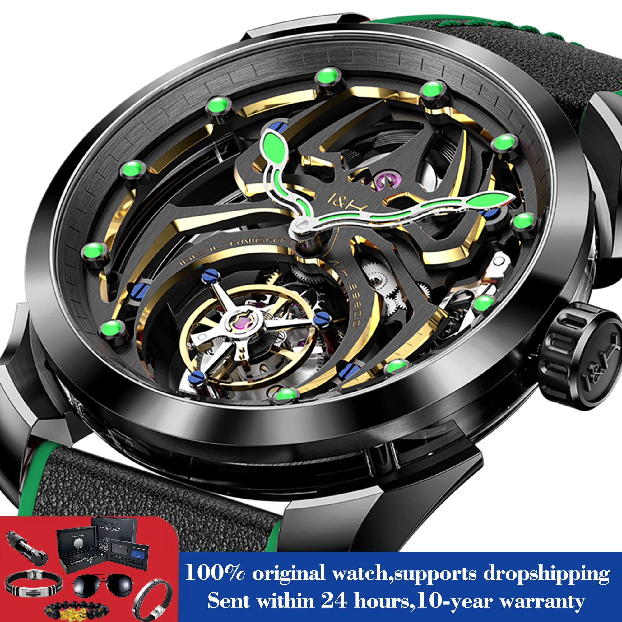 IDEAL KNIGHT Diving Skeleton Watches Men Spider Hollow Mechanical Watches For Men Deep Waterproof Wristwatch Top Luxury Brand