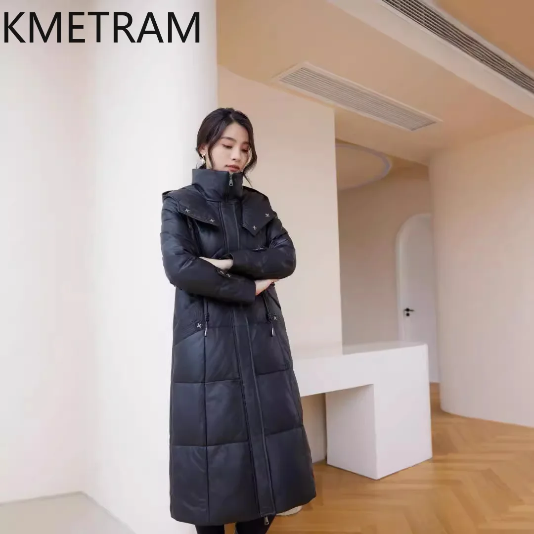 Pufferjacke aus 100 % Schaffell für Damen, hochwertiges echtes Leder, lange Daunenmäntel mit Kapuze, 2025, Winterkleidung für Damen