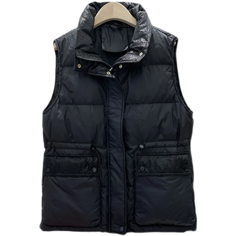 Down jacket vest ladies short autumn winter new stand-up collar drawstring pockets fashion outside  vest