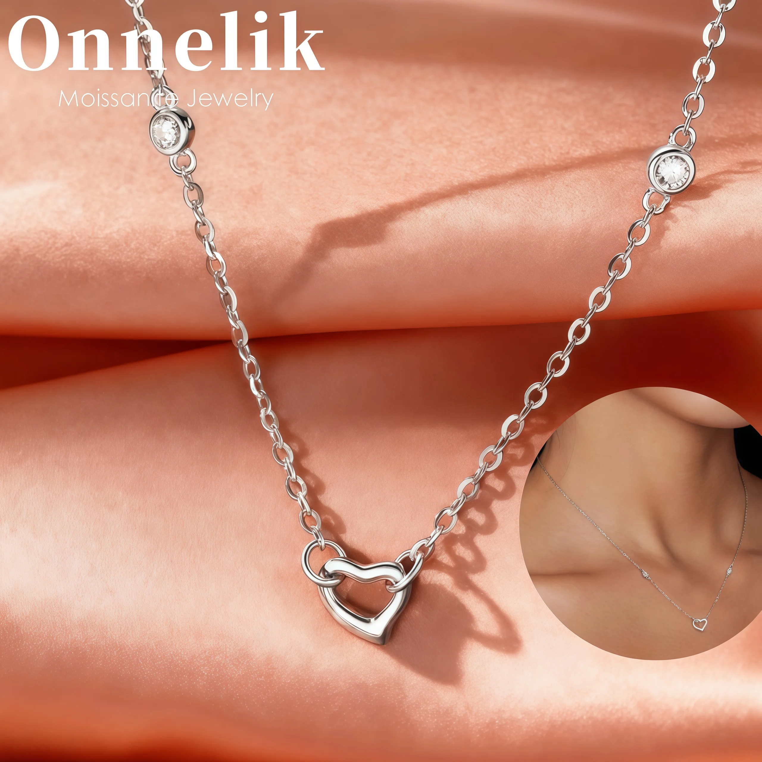 

Onnelik S925 Sterling Silver Open-Heart Pendant Necklace with Moissanite New Arrival Love Shape Collarbone Chain for Women Gift