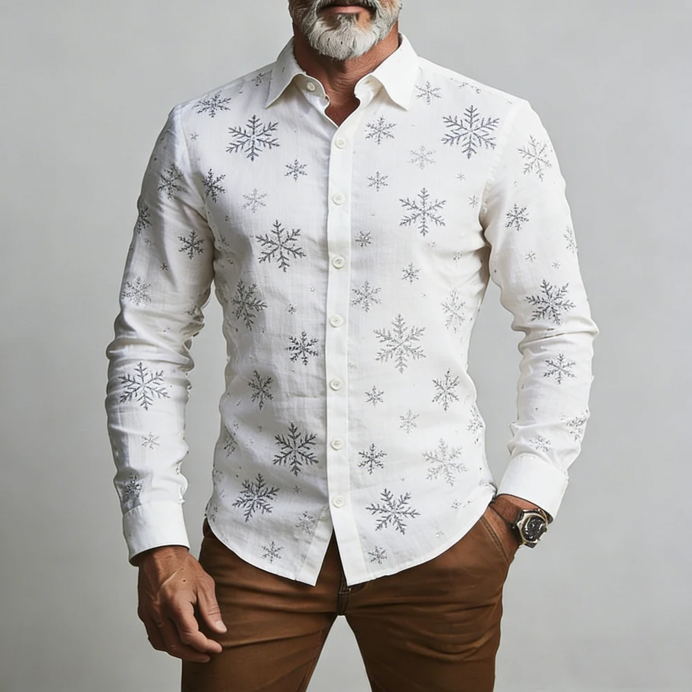 

2026 New Men's Linen White Christmas Theme 3D Printed Shirt Long Sleeve Collar Button Business Casual Hawaiian Shirt Men For You