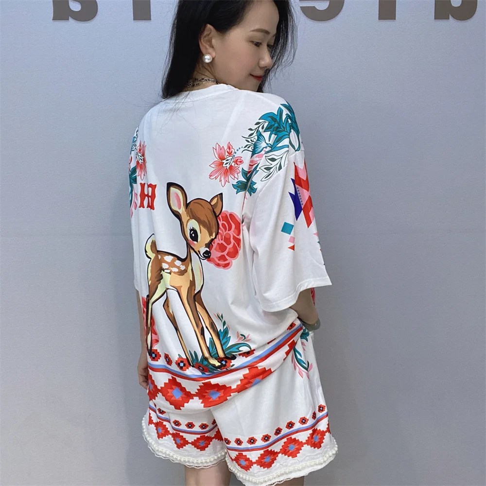 2025 New Summer Casual Women Two-piece Set Cute Dear Hot Drilling T-shirt Half Sleeve O-neck Tops + Beads Wide Leg Shorts Suits