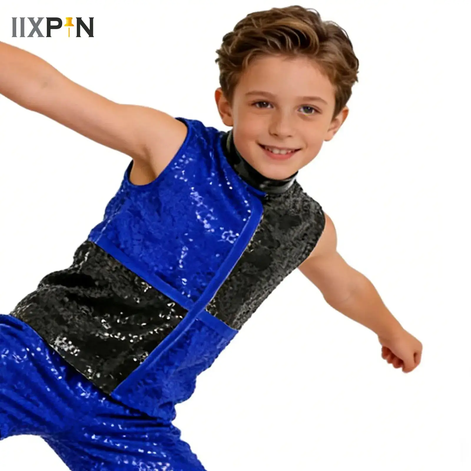 

Kids Boys Girls Sequins Shiny T-shirts Top Bright Blouse Dancewear Sparkly Jazz Hip Hop Modern Street Dance Tops Performance