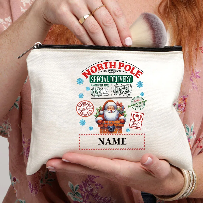 Personalized Christmas Makeup Bag North Pole Special Delivery Santa Canvas Zipper Pouch, Custom Name Xmas Cosmetic Bag Gift
