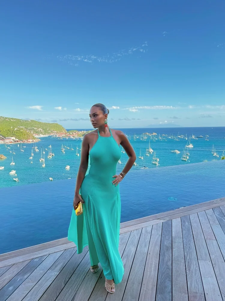Damen Neckholder-Maxikleid mit offenem Rücken, geripptem Strickoberteil und fließendem Chiffon-Saum – figurbetontes Sommer-Abendkleid für Urlaub und Party – Detail 7